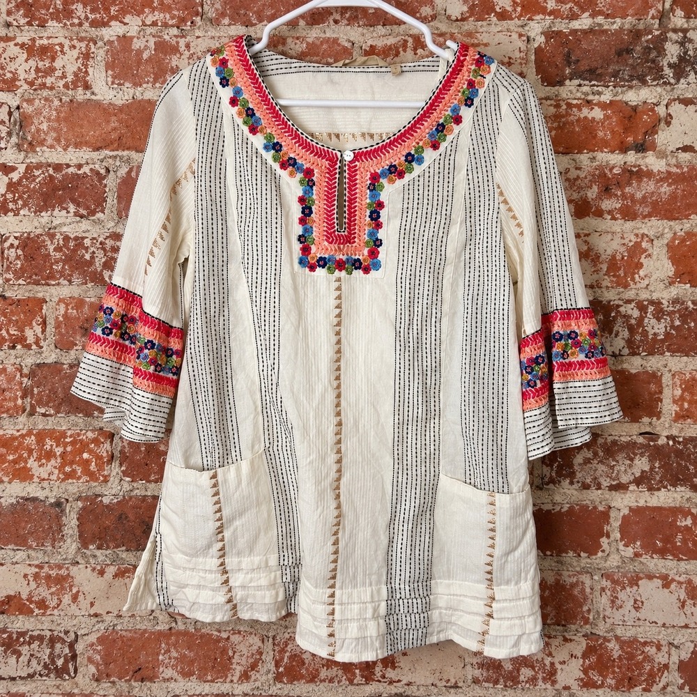 Soft Surroundings Embroidered Tunic Top S Boho Pesant Costal Artisan Festival